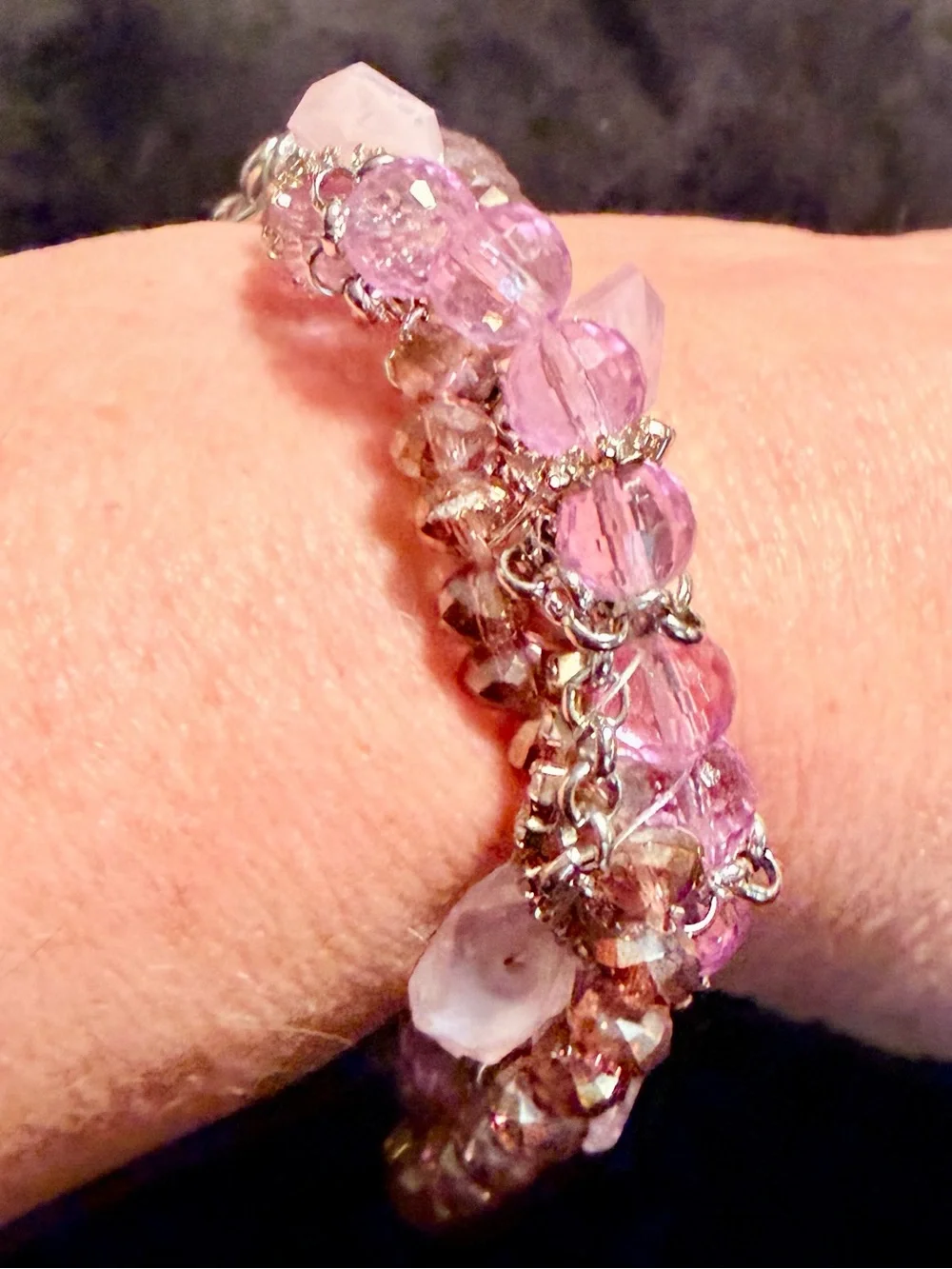 Artisan Pink Crystal Beaded Silver Tone Chainmail Statement Bracelet